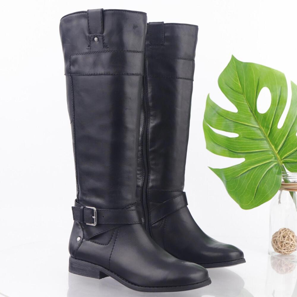 Marc Fisher Womens Arty Riding Boots Size 6.5 Tall Black Leather Buckle Straps
